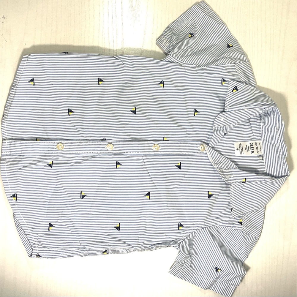 Carters 2T short sleeve stripe button‎ up shirt for toddler blue and white - Picture 8 of 9